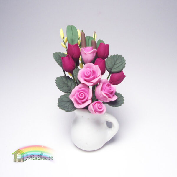 Wholesale 1:12 Dollhouse Accessories Dollhouse Mini Clay Flower Red Rose Pink Magnolia White Jar Flower Arrangement Model