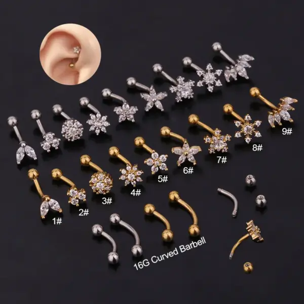 316L Stainless Steel Copper Zircon Ear Cartilage Rings & Studs Flower Waterproof Non Tarnish Surgical Steel