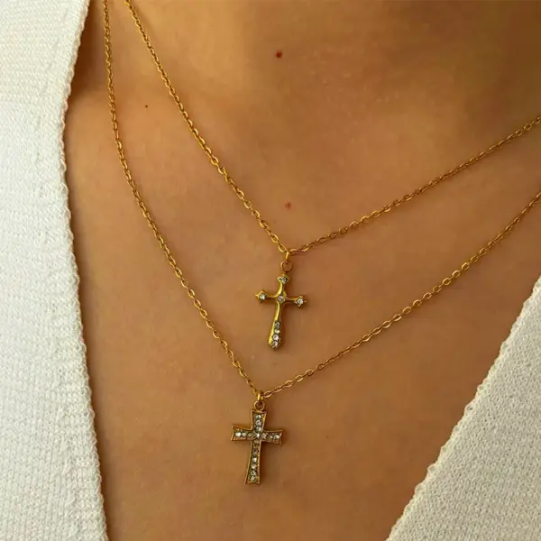 Wholesale 304 Stainless Steel Cross PVD Coated Rhinestones Real Gold Plated IG Style Japanese Style Commute Waterproof Non Tarnish Surgical Steel Cable Chain Lobster Trigger Clasp Closure Gold Pendant Necklace