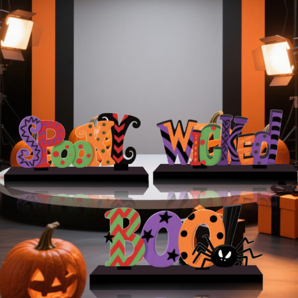 oly-888df6e343dcd7d0a11f5d27916bc5a8 Wholesale 3 Halloween-themed wooden figurines with colorful speckled letters and bases; Halloween desktop wooden figurines.