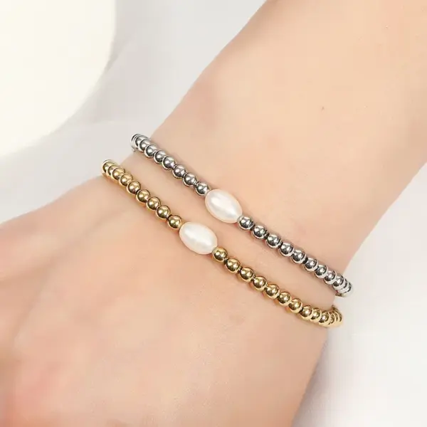 Wholesale Elegant Round Stainless Steel Freshwater Pearl Plating Gold Plated Bracelets