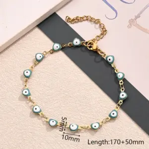 Turquoise Blue Horizontal Love Heart-Shaped Eye Bracelet (Gold) / 10x5mm (Length:170+50mm) / 1 Strand/Package