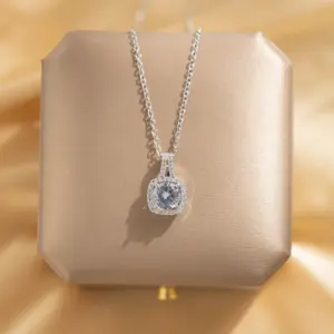 Wholesale 304 Stainless Steel Copper Square Water Plating Zircon White-Plated K Silver Plated Sweet Commute Shiny Plating Inlay Pendant Necklace