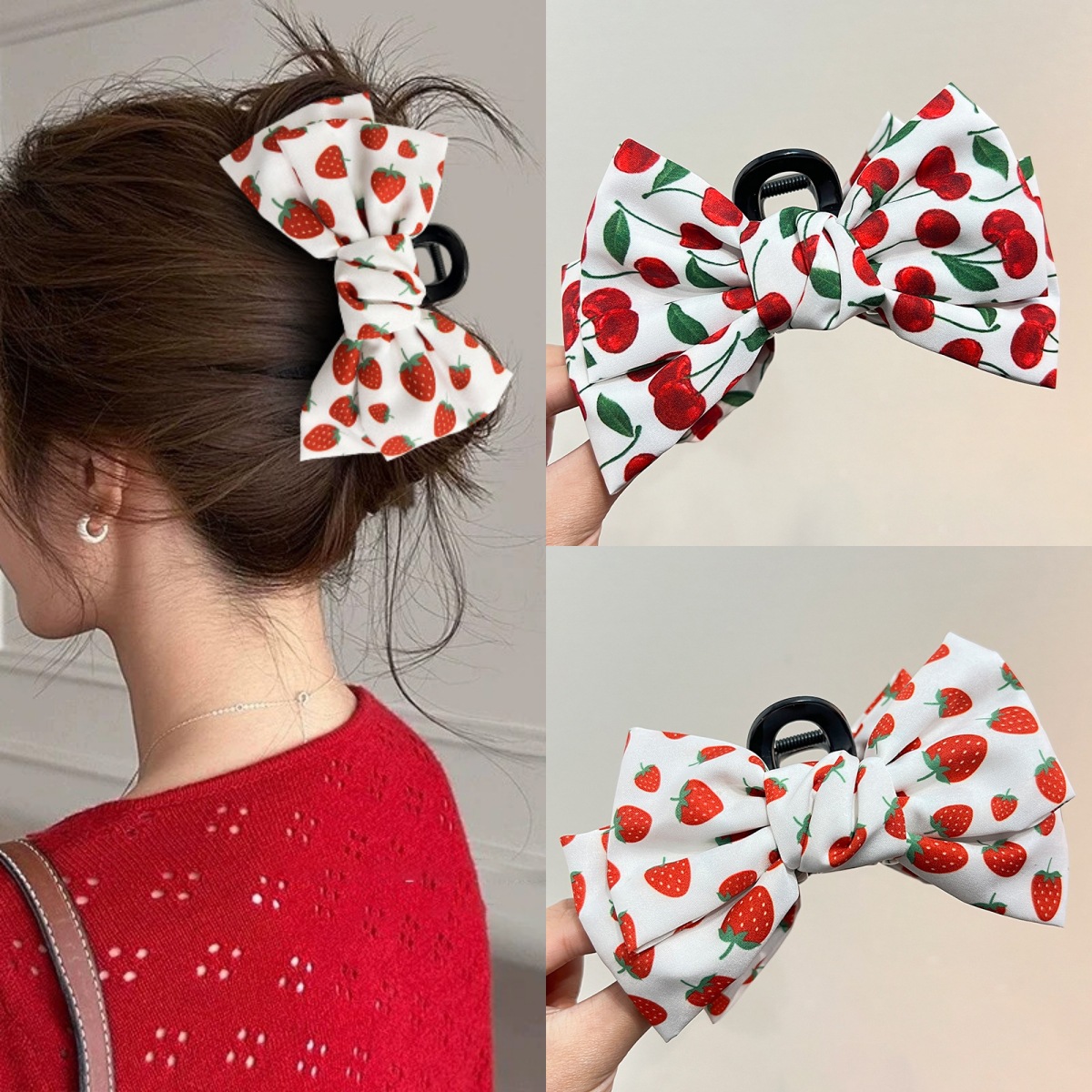 Wholesale Sweet Cherry Strawberry Print Hair Clip with Bow, Versatile Shark Clip for the Back of the Head, Fashionable Hair Aessory