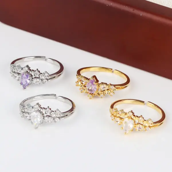 Wholesale Copper Inlay Heart Shape Petal Zircon Open Rings