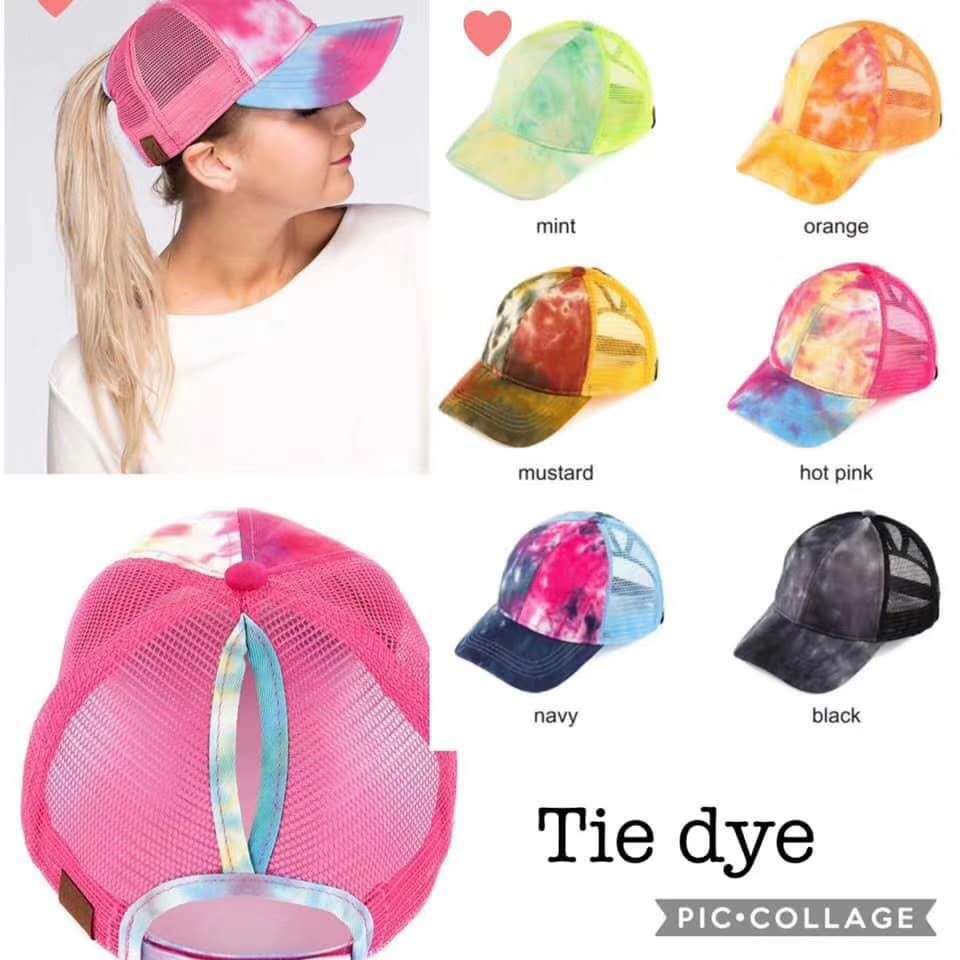 Wholesale Foreign trade new hat women's summer tie-dyed nytail baseball cap back opening hat summer long hair beauty net cap