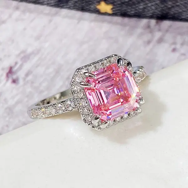 Hand Jewelry Classic Square Pink Diamond Princess Micro-encrusted Women's Copper Ring