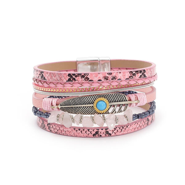 oly-893103b6c7f4c3c6fe7a68475f966114 Wholesale Bohemian style gravel feather leather women's bracelet creative vintage feather turquoise magnet buckle bracelet
