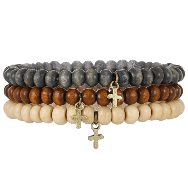 oly-893495afdbca107f349d8471d4f8c7c8 Wholesale European and American New Retro Style Wooden Beads Stacked Bracelets Men's Beaded Cross Pendant Bracelet Set Wholesale Bracelets