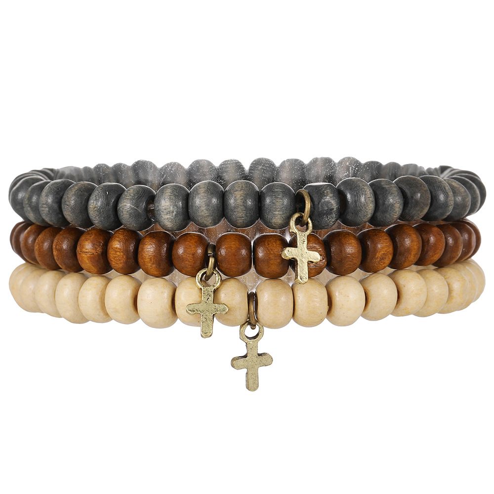 Wholesale European and American New Retro Style Wooden Beads Stacked Bracelets Men's Beaded Cross Pendant Bracelet Set Wholesale Bracelets