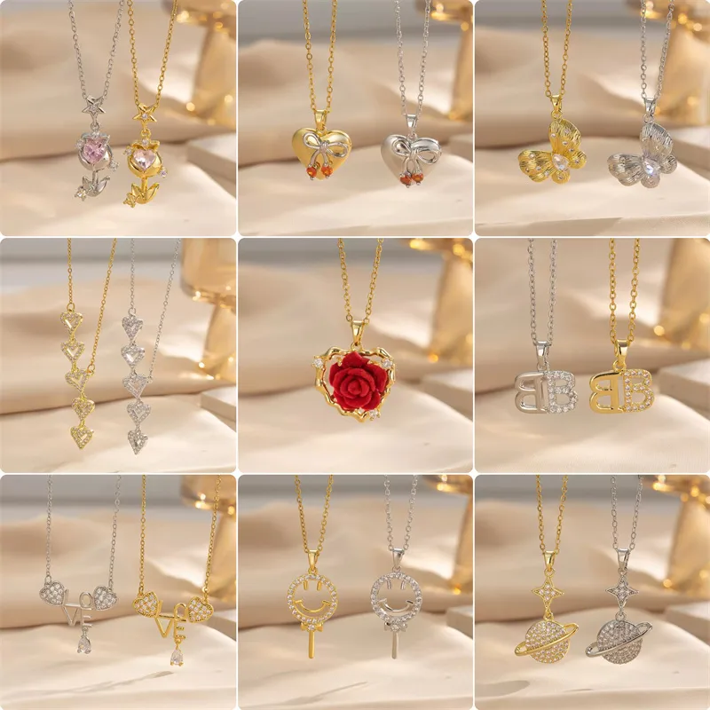 Wholesale PVD Coated Real Gold Plated 18K Gold Moon Rose Stainless Steel Vacation Classic Style Waterproof Non Tarnish Titanium Steel Pendant Necklace