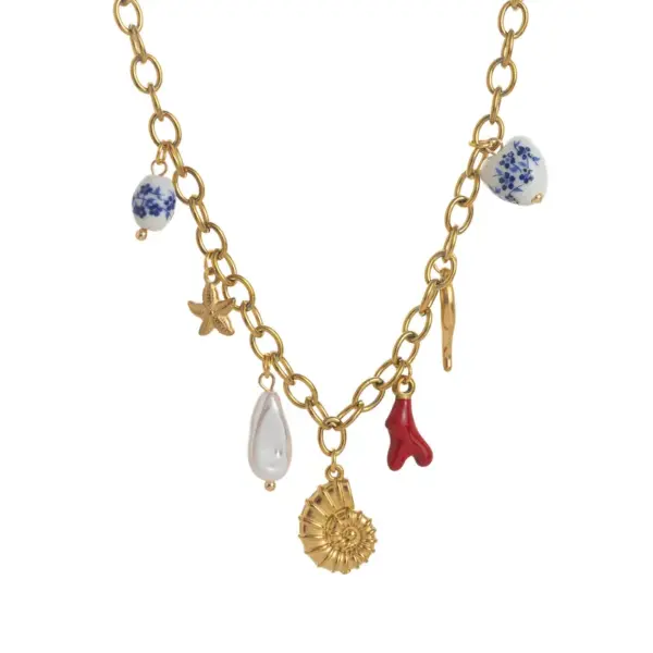 Wholesale 304 Stainless Steel Irregular Vacuum Plating Zircon 18K Gold Plated Marine Style O Subchain Figaro Chain Lobster Trigger Clasp Closure Multi Charms Necklace