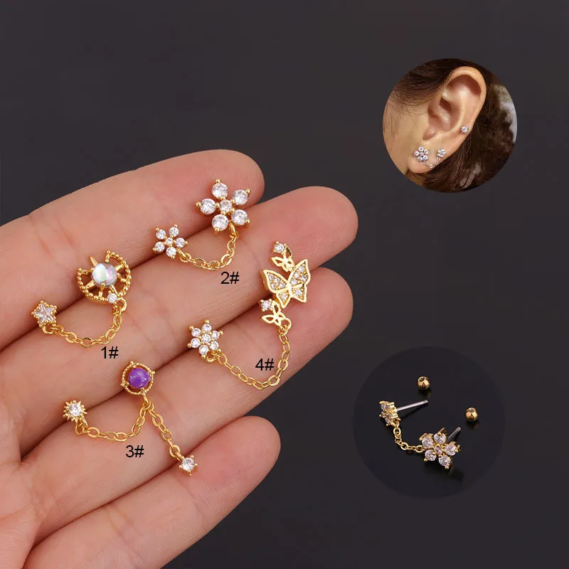 Wholesale 316L Stainless Steel Copper Zircon Ear Cartilage Rings & Studs Geometric Waterproof Non Tarnish Surgical Steel Women'S