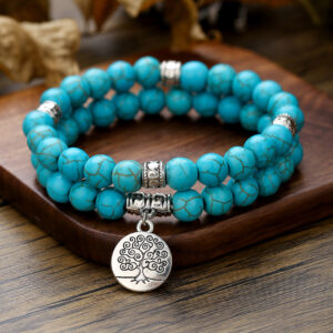 Wholesale Amazon Hot Bracelet Cross-border Supply 8mm Turquoise Bracelet Two-piece World Tree Bracelet Couple Bracelet
