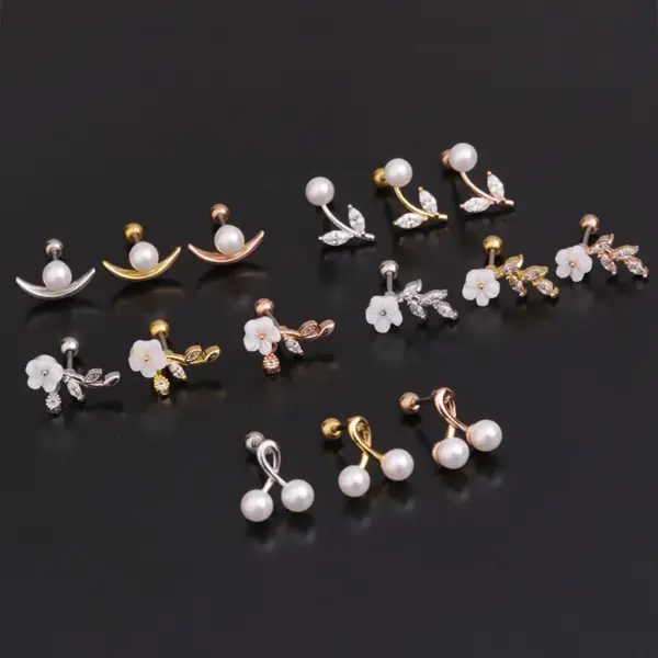316L Stainless Steel Copper Pearl Ear Cartilage Rings & Studs Flower Waterproof Non Tarnish Surgical Steel