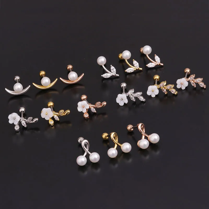 Wholesale 316L Stainless Steel Copper Pearl Ear Cartilage Rings & Studs Flower Waterproof Non Tarnish Surgical Steel