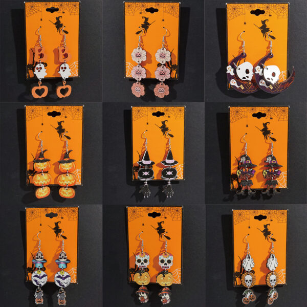 Wholesale Halloween Theme Wooden Earrings Funny Cartoon Ghost Pumpkin Skull Long Pendant Party Decoration Earrings