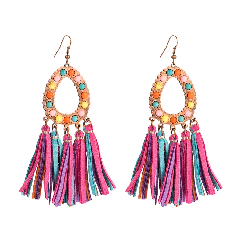 Wholesale Creative New Exaerated Leather Leopard Print Tassel Earrings