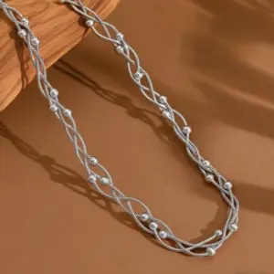 X01166-Three-layer Round Snake Clip Bead Necklace-Steel Color