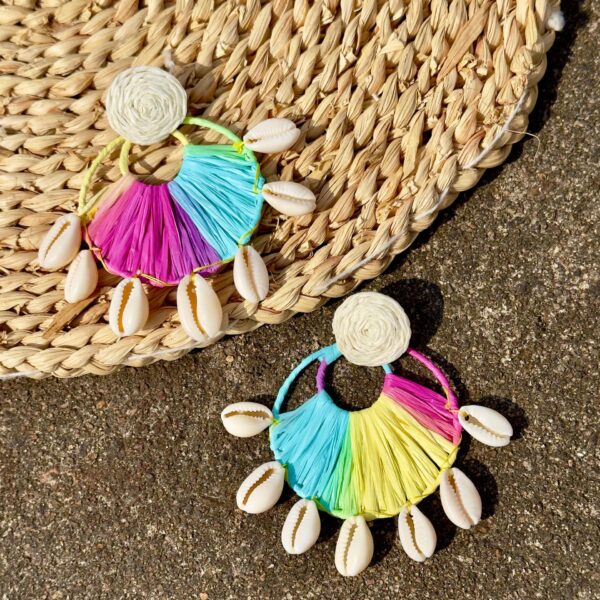 Wholesale Cross-border European and American Rafi Grass Round Shell Tassel Style Earrings Bohemian Beach Style Woven Earrings