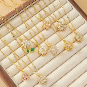 18K Real Gold Plated 304 Stainless Steel PVD Coated Copper Zircon Flower Diamond Cable Chain Pendant Necklace