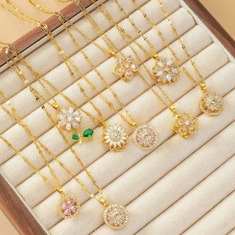 Wholesale 18K Real Gold Plated 304 Stainless Steel PVD Coated Copper Zircon Flower Diamond Cable Chain Pendant Necklace