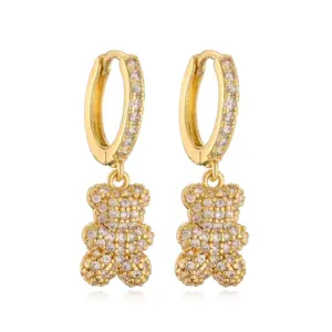 Gold White Diamond Bear Earrings 1 Pair