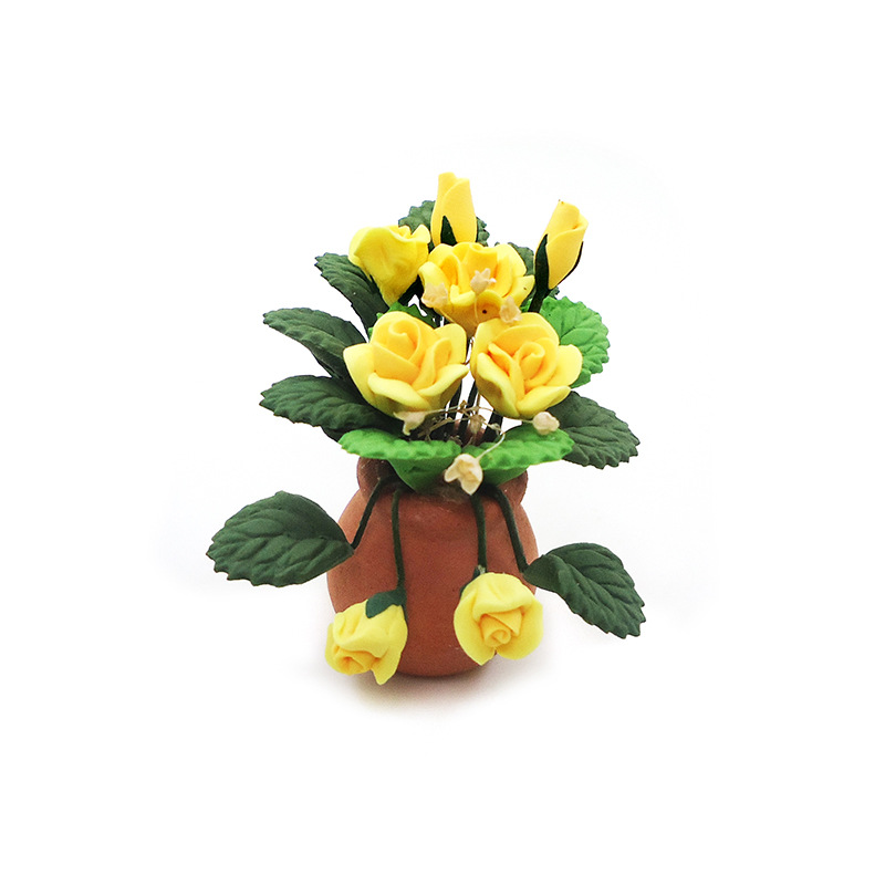 Wholesale 1:12 dollhouse aessories dollhouse mini clay flower plant red y t yellow rose flower arrangement model