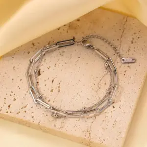 Qye16 round Beads Cross Chain Bracelet / Steel Color