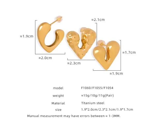 Wholesale 304 Stainless Steel Heart Shape PVD Coated 18K Gold Plated Real Gold Plated 18K Gold Streetwear Waterproof Non Tarnish Plating Gold Ear Studs