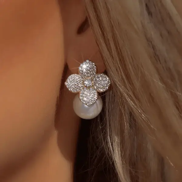 Wholesale High Quality RAKOL French Style Pearl Earrings For Women Creative Flower Micro-Paved Zirconia Fashionable Geometric Pattern