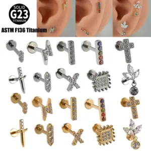 Wholesale 1 Piece Lip Rings Casual Vacation Tropical Cross G23 Titanium Alloy Plating Zircon 18K Gold Plated Lip Rings Ear Cartilage Rings & Studs