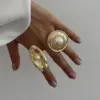 Wholesale 304 Stainless Steel Imitation Pearl Oval PVD Coated 18K Real Gold Plated Artistic Gold Rings