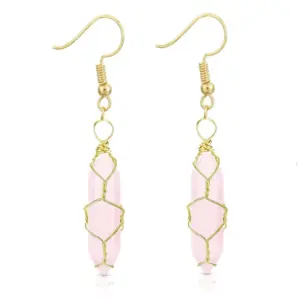 Gold Pink Crystal Earrings / Wire-Wound Hexagon Prism Earrings