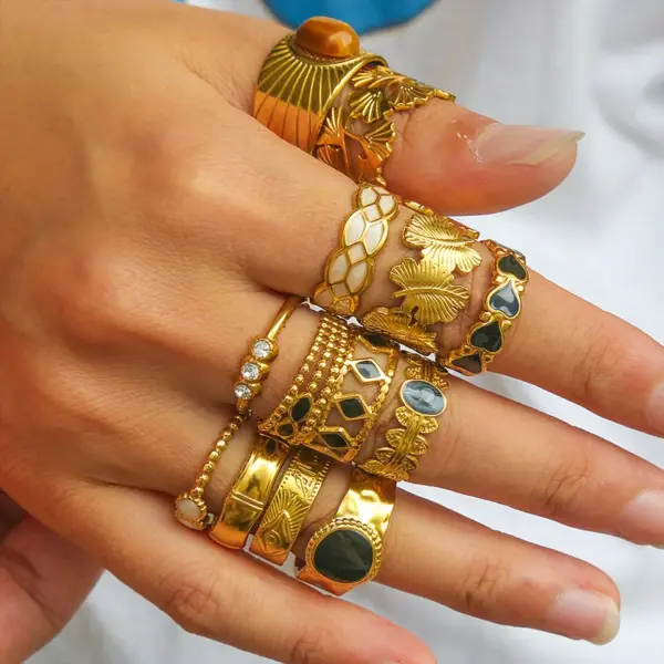 Ion Plating (IP) 18K Gold Plated Leaves Eye Flower 304 Stainless Steel Rock Oversized Waterproof Non Tarnish Open Rings