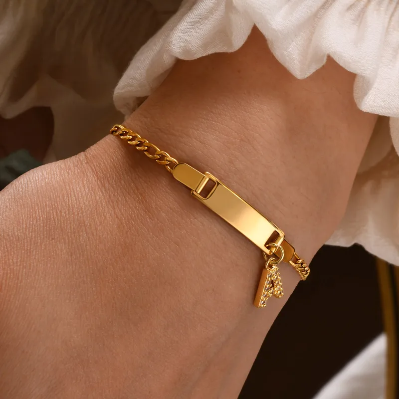 Wholesale PVD Coated Gold Plated Letter Customization Laser Engraving Stainless Steel Streetwear Waterproof Non Tarnish 201 Stainless Steel Bangle