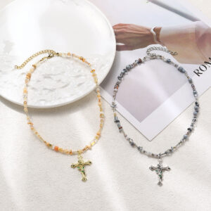 Wholesale Rice Bead Zircon Cross Pendant Necklace