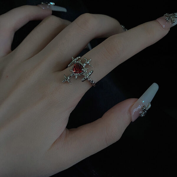 Wholesale Cross-border Retro Exaggerated Dark Cross Red Love Zircon Ring Finger Ring Opening Adjustable Ring