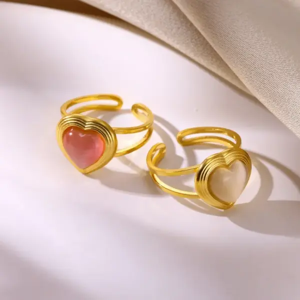 Wholesale PVD Coated Real Gold Plated Heart Shape 304 Stainless Steel Synthetic Gemstones Elegant French Style Sweet Waterproof Non Tarnish Open Rings