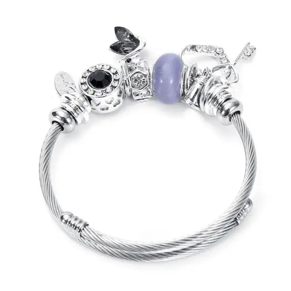 Wholesale Casual Simple Style Swan Heart Shape Key Stainless Steel Inlay Artificial Gemstones Bangle