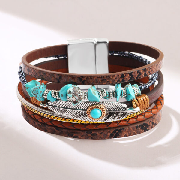 Wholesale Vintage Feather Blue Turquoise Gravel Multi-Layer Leather Bracelet