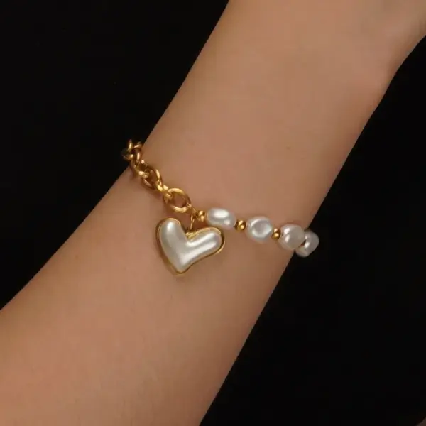 304 Stainless Steel Plastic Heart Shape Ion Plating (IP) 18K Gold Plated Elegant Waterproof Non Tarnish Beaded Pearl Regular Chain Gold Bracelets Necklace Jewelry Set