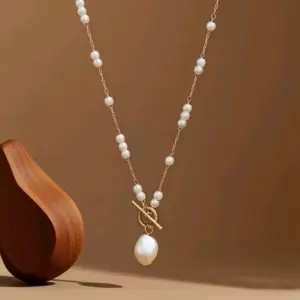 X06112-Pearl Chain Pendant-Necklace- Gold