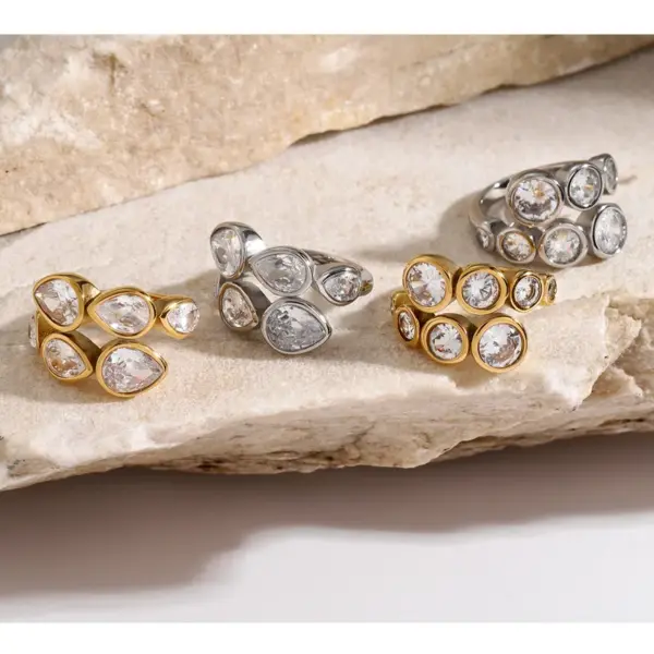 Wholesale 304 Stainless Steel Geometric Water Droplets PVD Coated Zircon 18K Real Gold Plated Real Gold Plated IG Style Waterproof Non Tarnish Inlay Gold Open Rings
