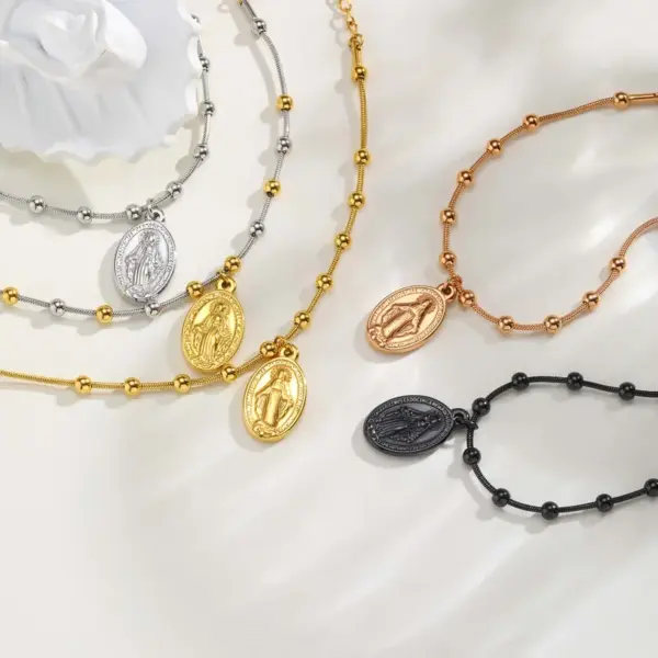 304 Stainless Steel Virgin Mary PVD Coated Real Gold Plated 18K Gold Religion Waterproof Non Tarnish Plating Separated By Bead Necklace Lobster Trier Clasp Closure Bracelets