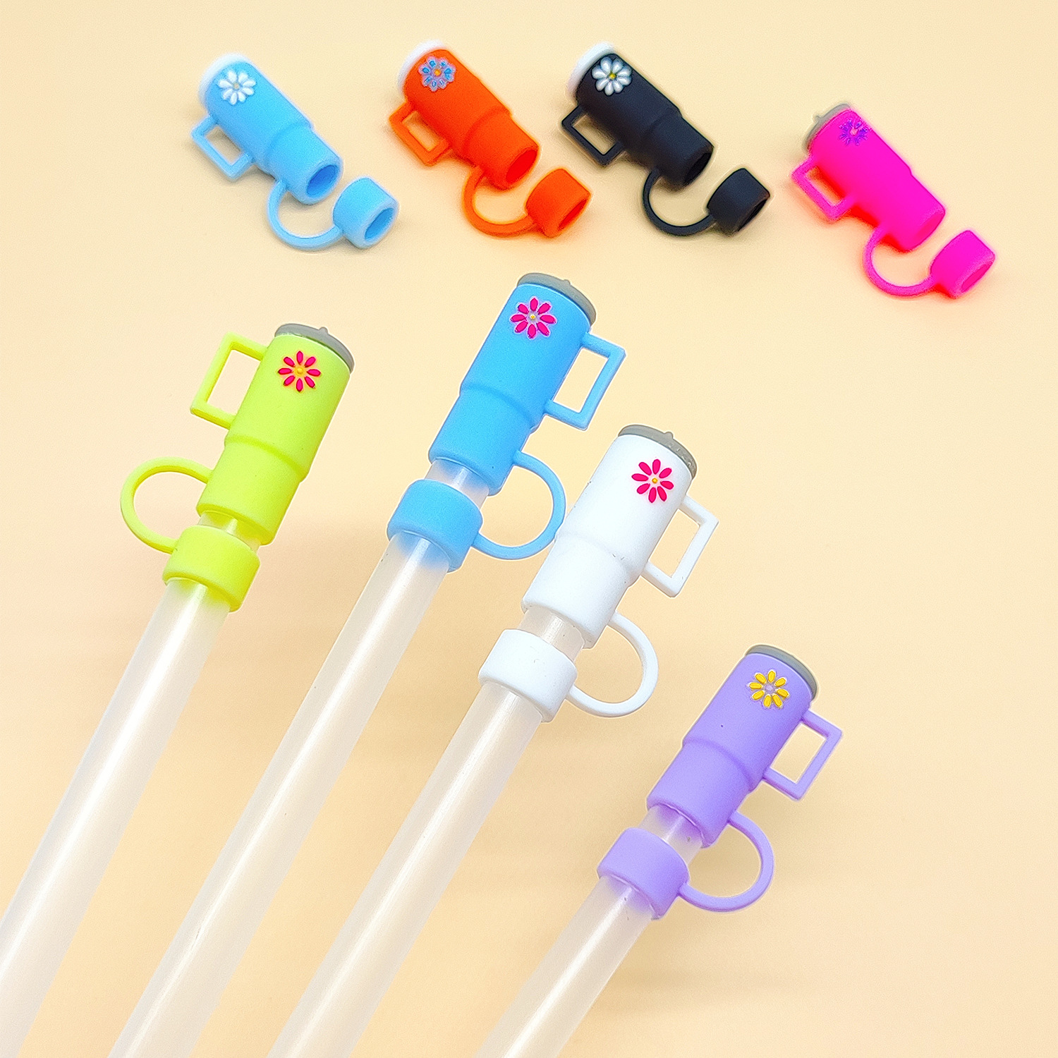 Wholesale Amazon Explosions Food Grade Silicone Solid Color Straw Cap Flower Straw Sle Dust-proof Straw Plug