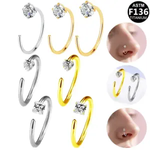 Titanium Alloy Nose Studs And Rings Set With C-Shape Four Claw Embedded Zirconia Piercing Jewelry Fashionable Unisex Princess Style