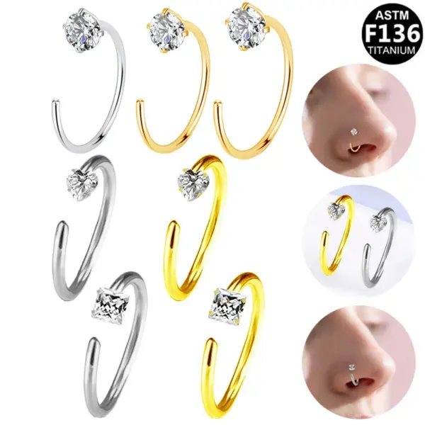 Titanium Alloy Nose Studs And Rings Set With C-Shape Four Claw Embedded Zirconia Piercing Jewelry Fashionable Unisex Princess Style
