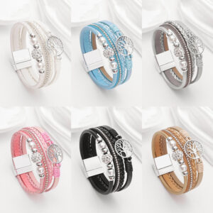 Wholesale Amazon ethnic style imitation pearl rhinestone ball magnetic clasp women's bracelet multi-layer PU leather woven bangle in stock