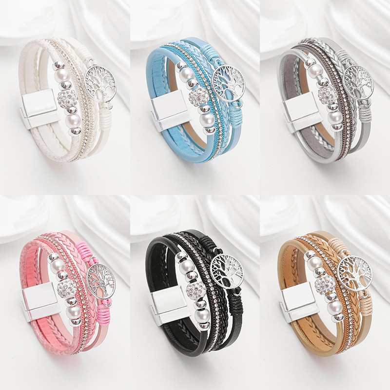 Wholesale Amazon ethnic style imitation pearl rhinestone ball magnetic clasp women's bracelet multi-layer PU leather woven bangle in stock